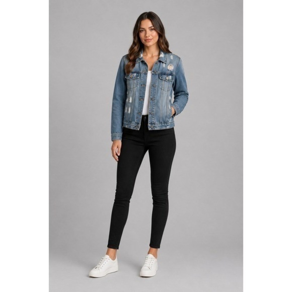 Ci Sono Large Distressed Denim Jacket Medium Wash Blue Trucker Jean Jacket DJK53